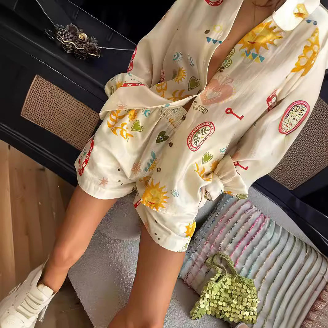 Women's Fashion Printed Leisure All-matching Shirt Cardigan Shorts Suit