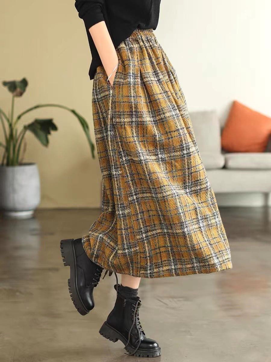 Elastic High Waist Woolen Cloth Plaid A- Line Skirt