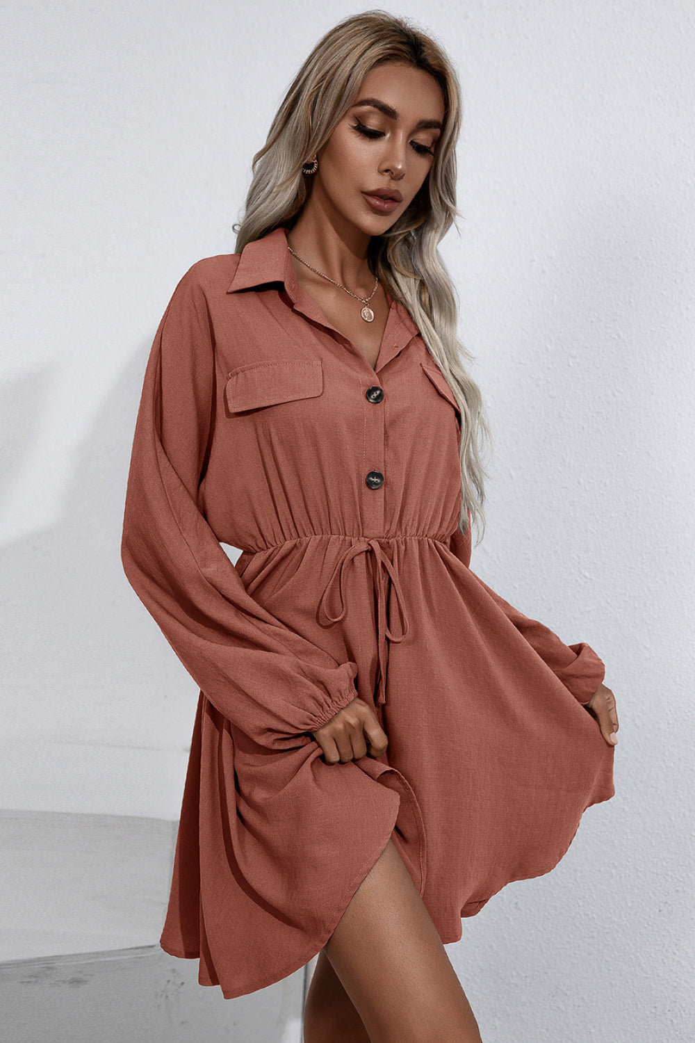 Collared Tie Waist Button Up Shirt Dress