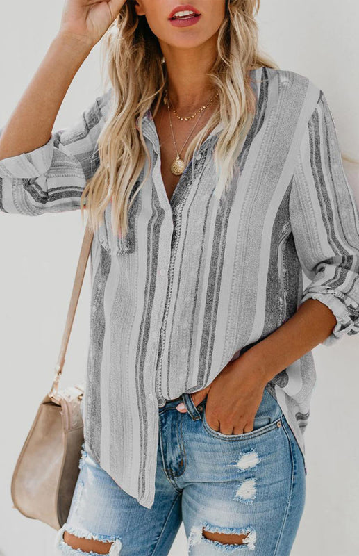 Linen Turn-down Collar Sweet Enough Striped Button Up Top