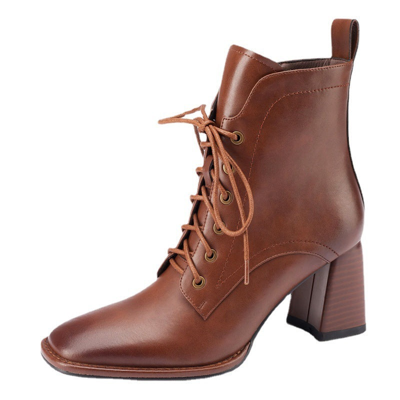 Autumn And Winter British Retro Lace Up Short Simple Fashion High Heel Boots