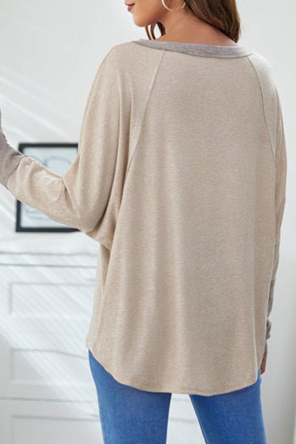 Beige Round Neck Long Sleeve T-Shirt