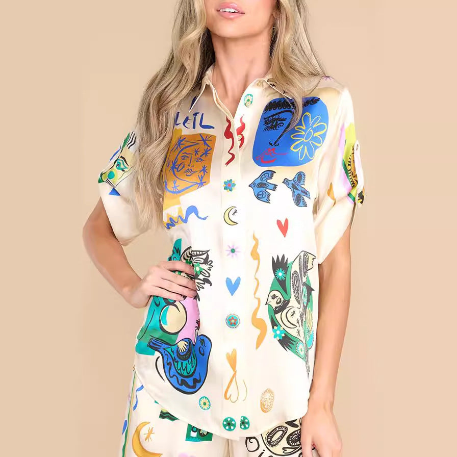 Graffiti Printing Satin Short Sleeve Lapel Shirt Trousers Casual Two-piece Suit