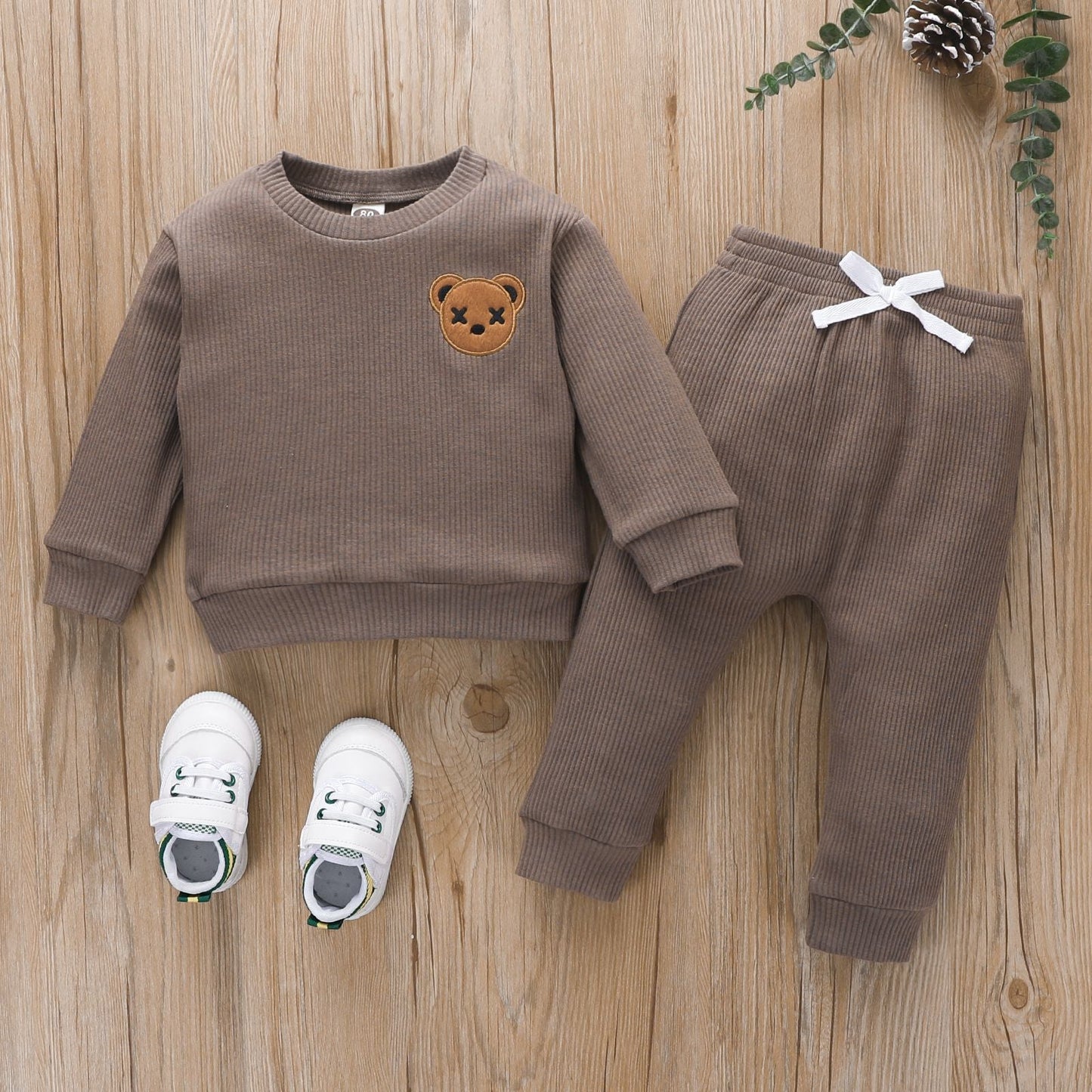 Children's Bear Embroidered Long-sleeved Top Solid Color Trousers Two-piece Set