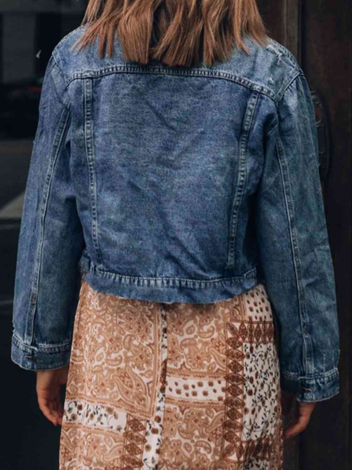 Button Up  Collared Neck Distressed Denim Jacket