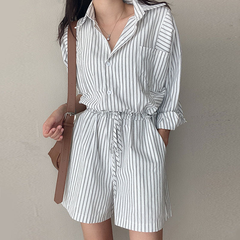 Women's Fashionable Temperament Lapel Single Breasted Tie Waist Striped Shirt Style Jumpsuit