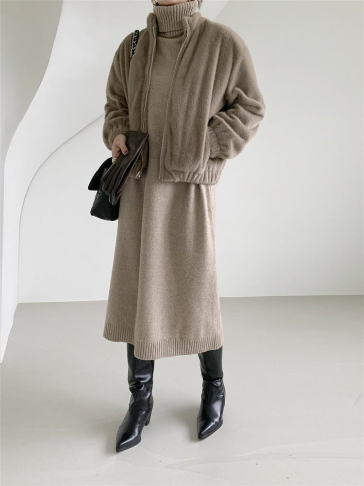 Long Sweater Dress High Collar Knee Length Wool Knitting