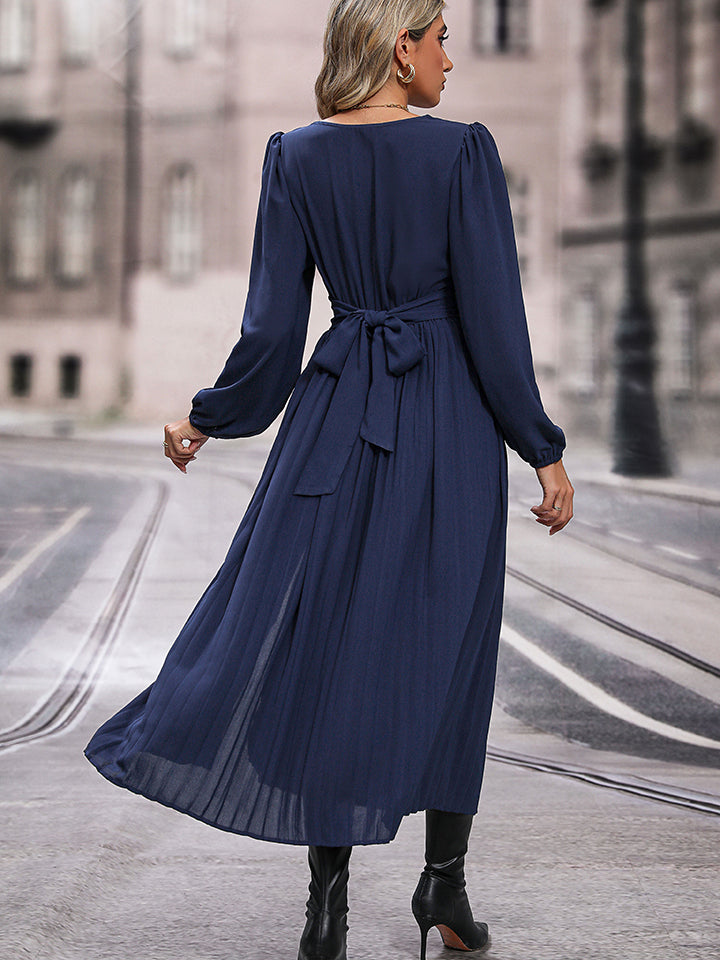 Navy V-Neck Long Sleeve Pleated Slit Dress