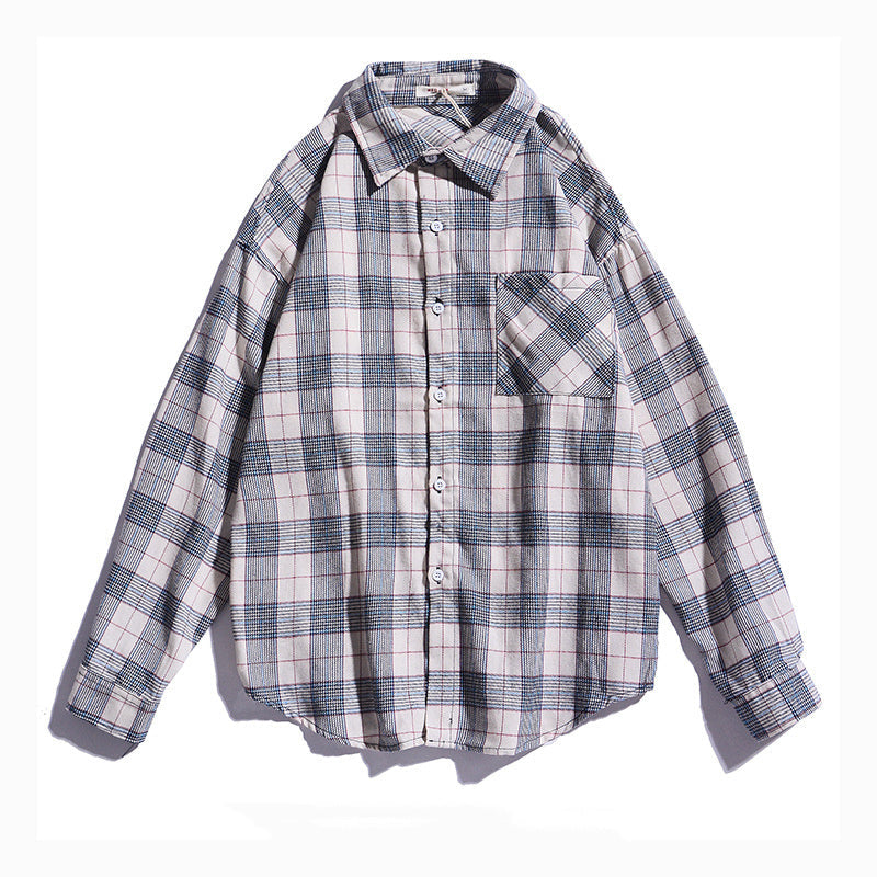 Japanese Style Long Sleeve Plaid Shirt Men's