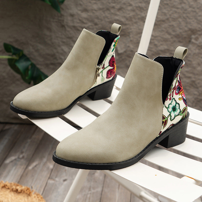 Flowers Printed Ankle Boots Fashion Side Zipper V-cut Square Heel Shoes For Autumn Winter