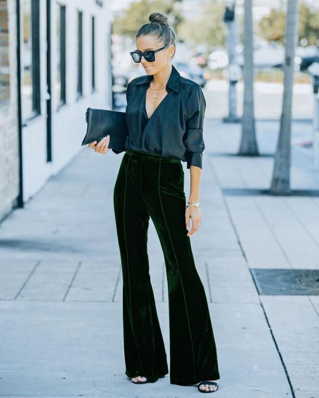 Women's Velvet High Waist Slightly Flared Wide Leg Pants