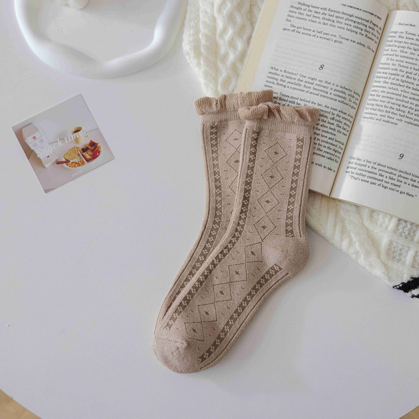 Socks Female Coffee Color System Wool Ring Plaid Towel Casual Thickened Warm Mid-tube Socks