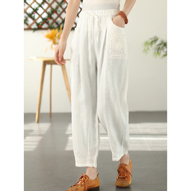 Women's Fashion Literary Cotton Linen Solid Color Lace Patch Harem Pants