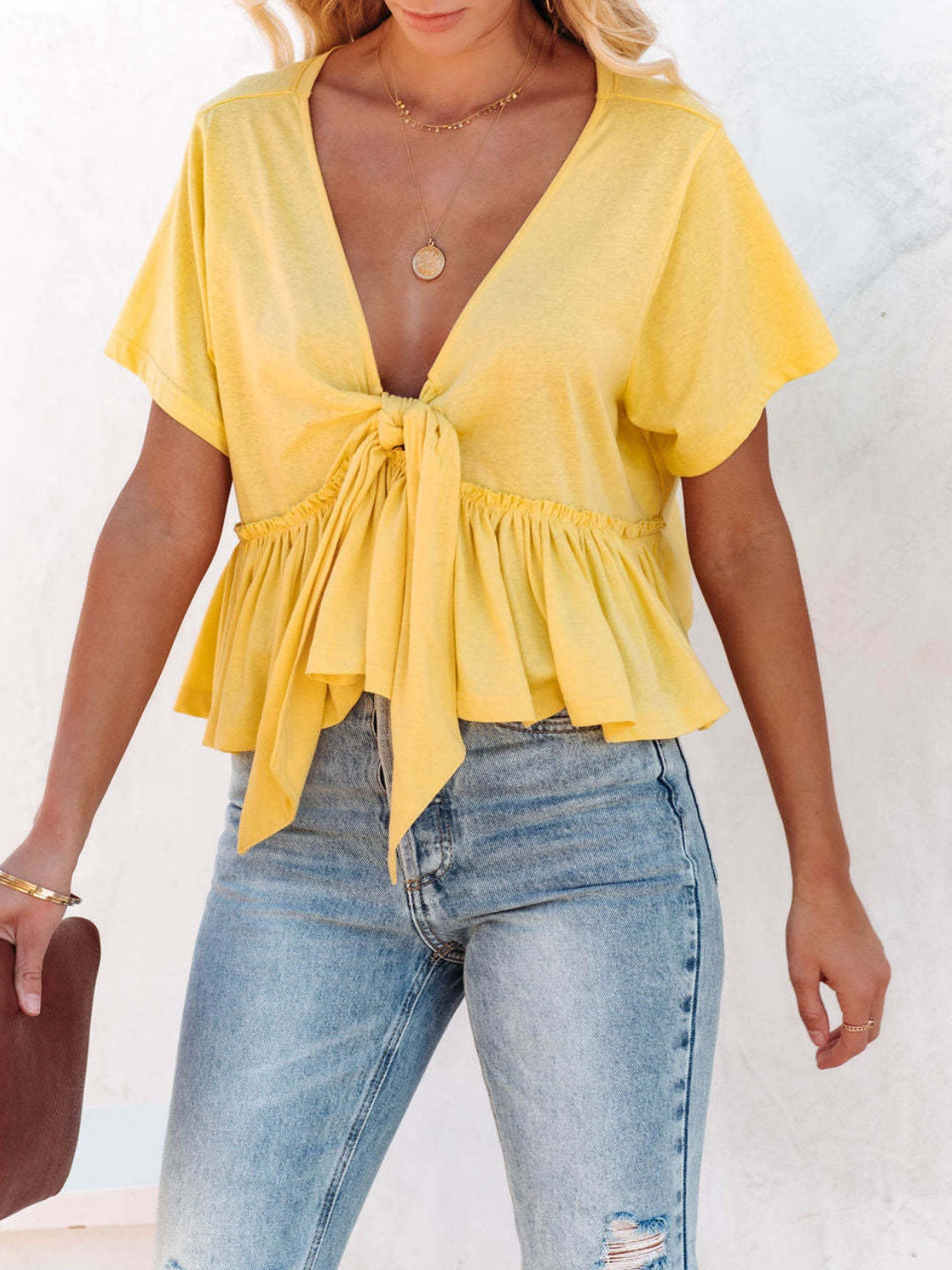 Tied Plunge Short Sleeve Blouse