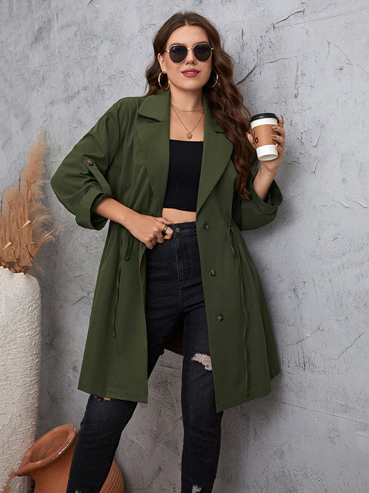 Army Green Plus Size Lapel Collar Roll-Tab Sleeve Trench Coat