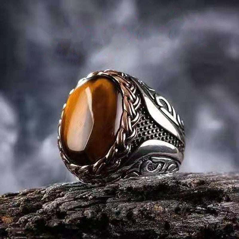 Men's Yellow Tiger Stone Braided Stripe Ring