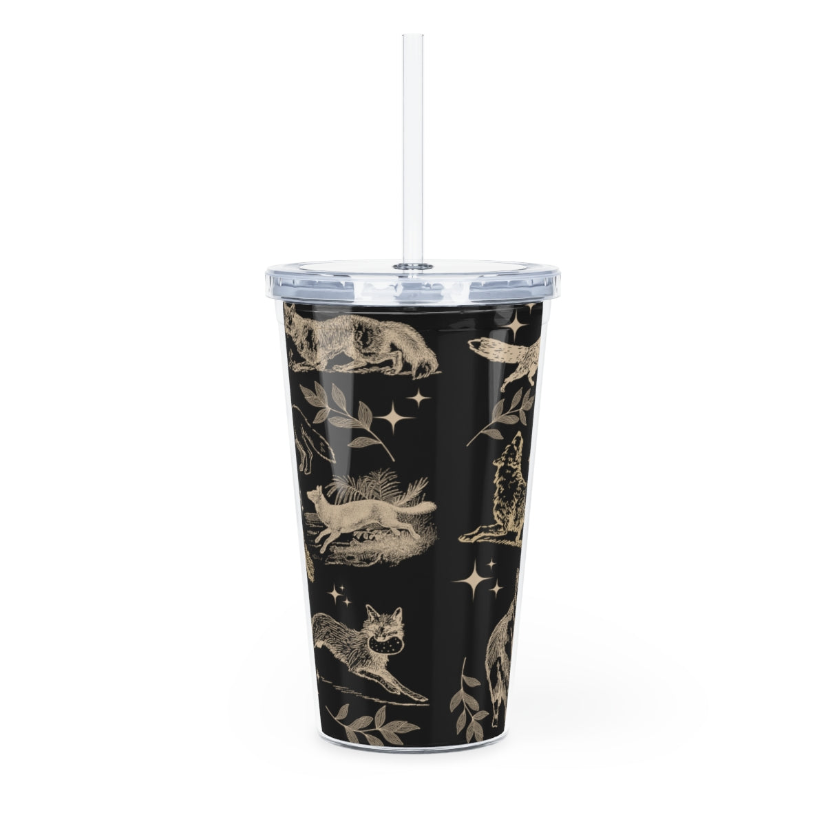 Black Fox Plastic Tumbler with Straw, Trendy Fox Lover Favorite Animal Iced Coffee Tumbler