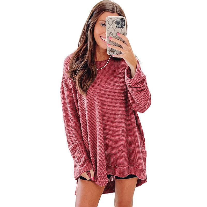 Solid Color Loose-fitting Pullover Round-neck Waffle Sweater