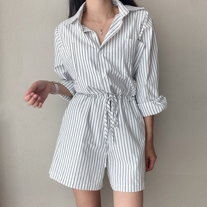 Women's Fashionable Temperament Lapel Single Breasted Tie Waist Striped Shirt Style Jumpsuit