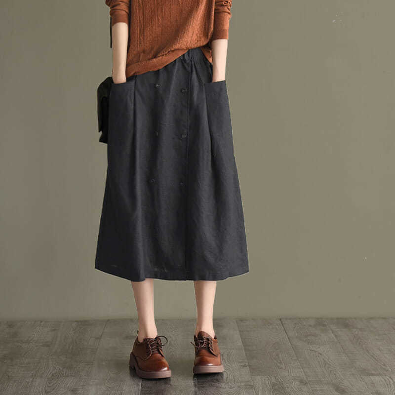 Loose And Casual Double-breasted Cotton And Linen Skirt