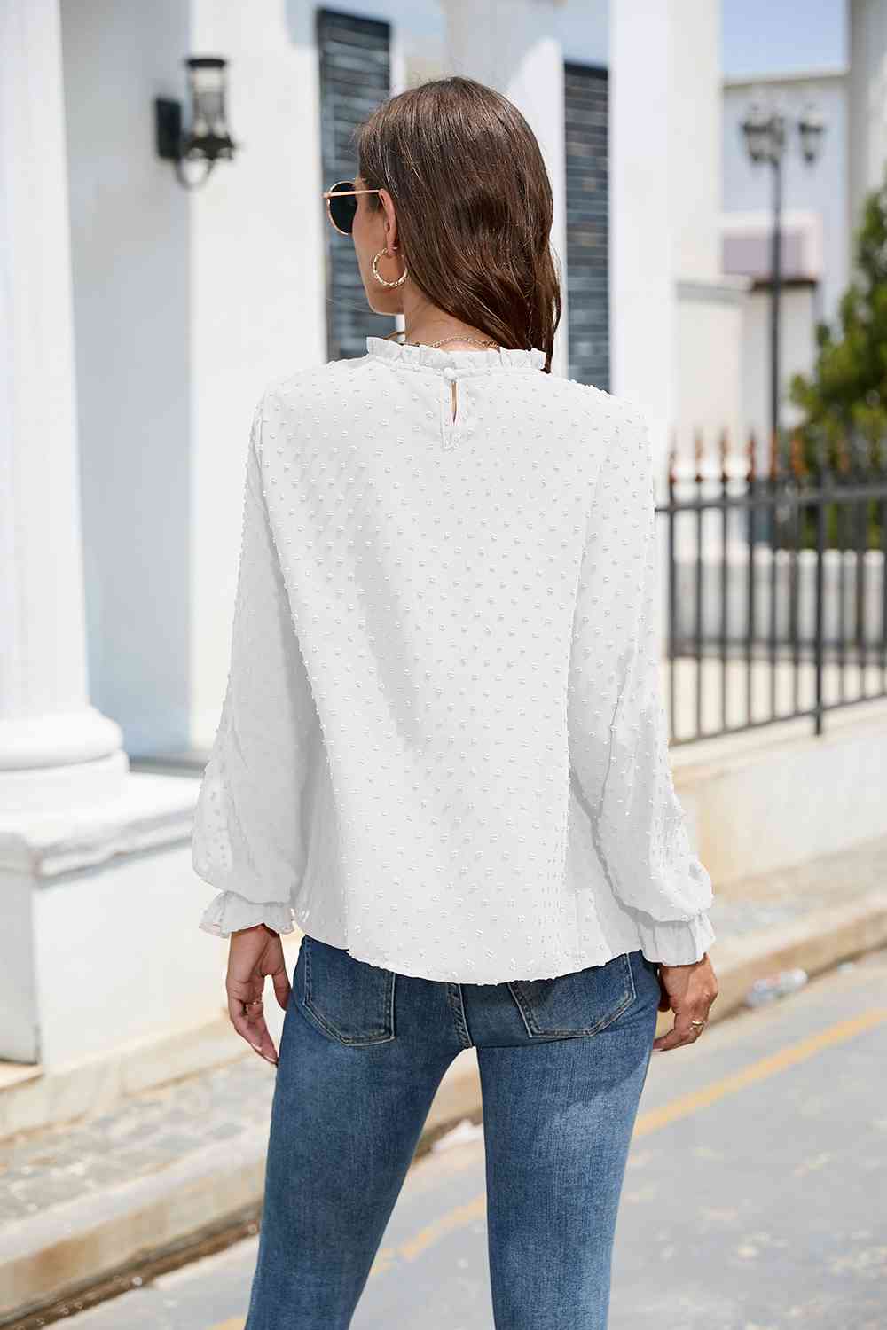 Smocked Mock Neck Swiss Dot Top