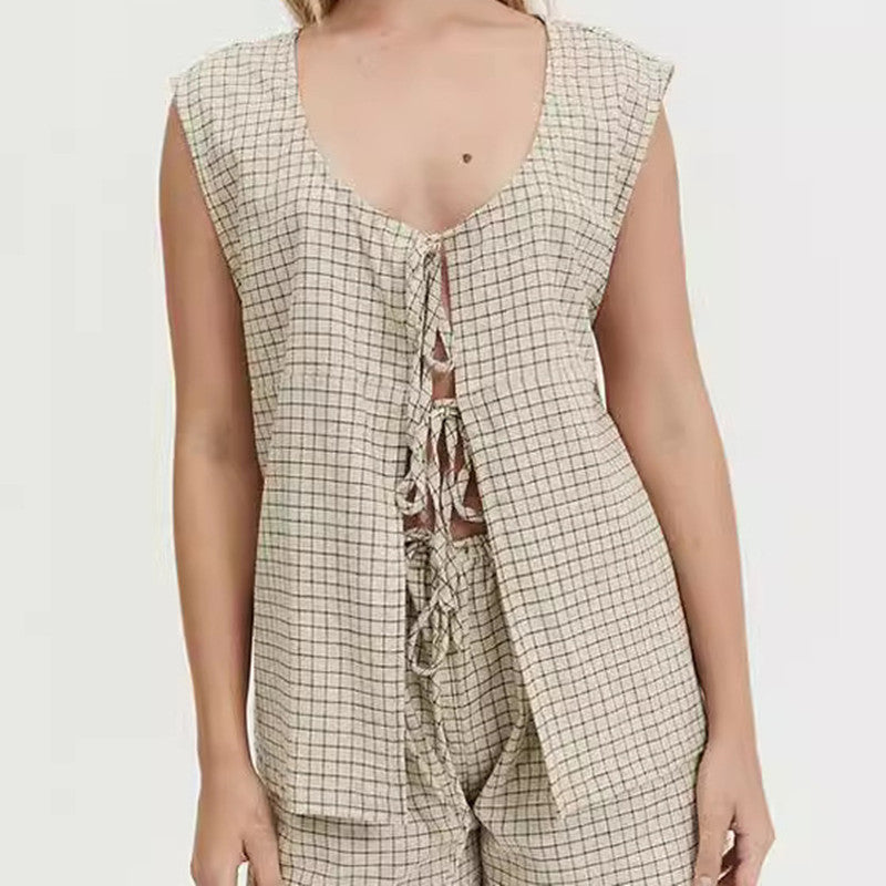 Women's Fashion Gingham Tie Top and Shorts Set