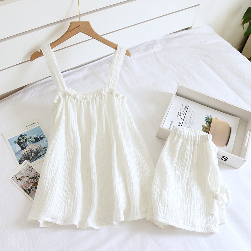 Cotton Crepe Suspender Shorts Vest Set