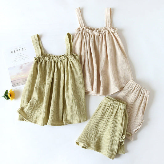 Cotton Crepe Suspender Shorts Vest Set