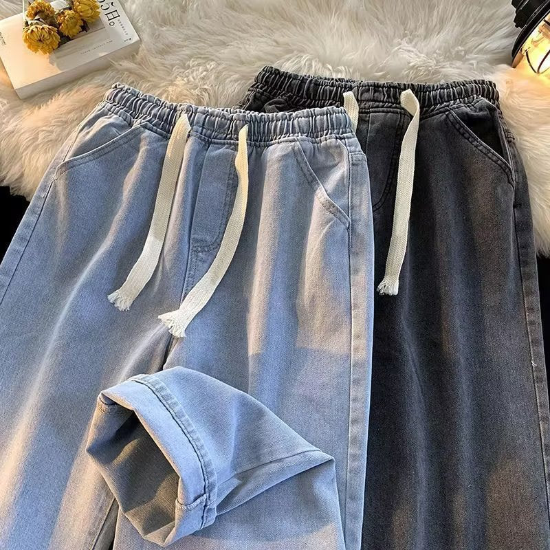 Elastic Waist Straight Drawstring Jeans