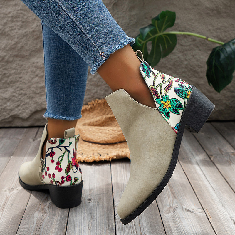 Flowers Printed Ankle Boots Fashion Side Zipper V-cut Square Heel Shoes For Autumn Winter