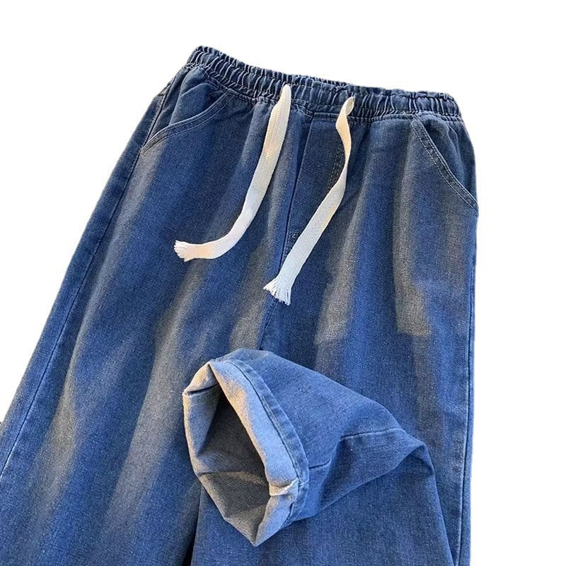 Elastic Waist Straight Drawstring Jeans