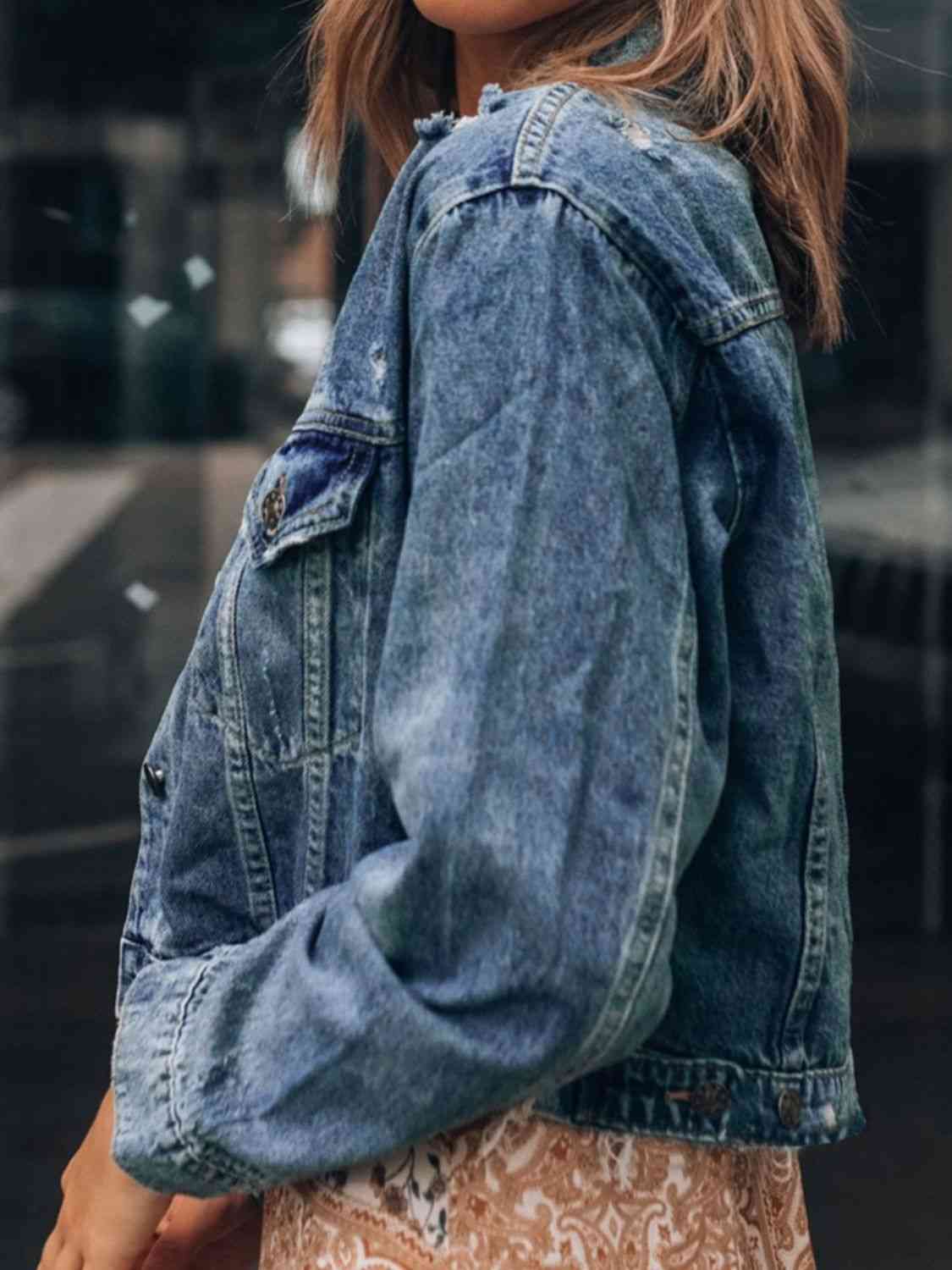 Button Up  Collared Neck Distressed Denim Jacket