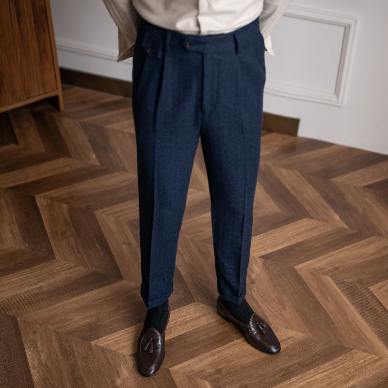 Herringbone Wool Suit Pants Men's High Waist Straight