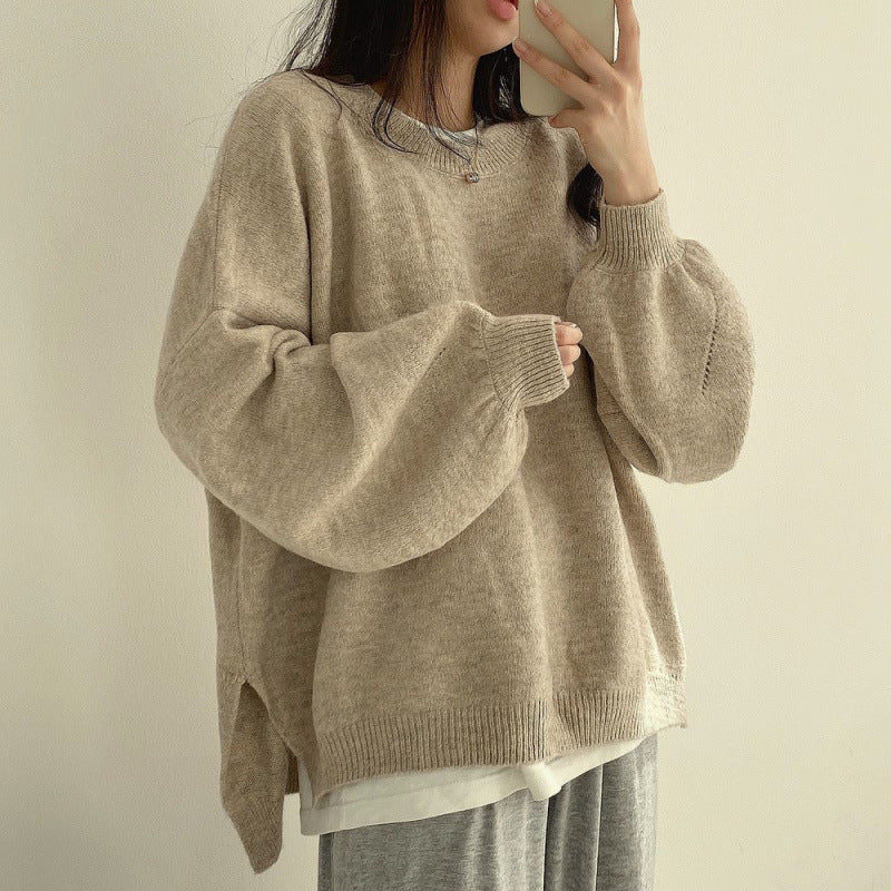 Crew Neck Pullover Lantern Sleeve Loose Sweater For Women