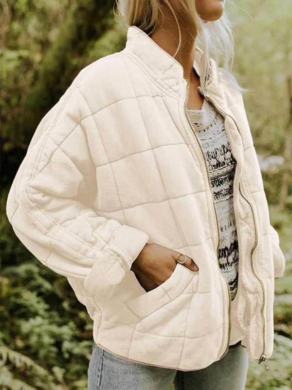 Solid Color Quilted Cotton Jacket with Loose Pockets and Long Sleeves