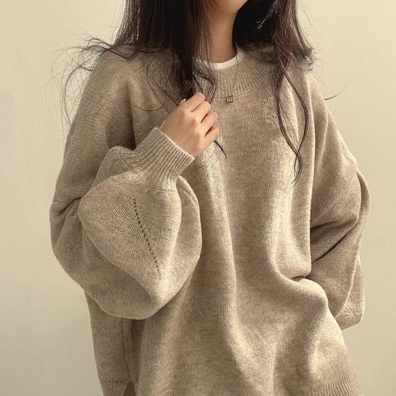 Crew Neck Pullover Lantern Sleeve Loose Sweater For Women