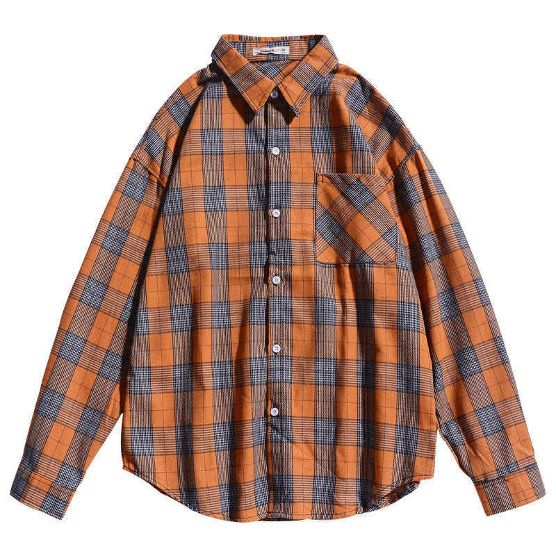 Japanese Style Long Sleeve Plaid Shirt Men's