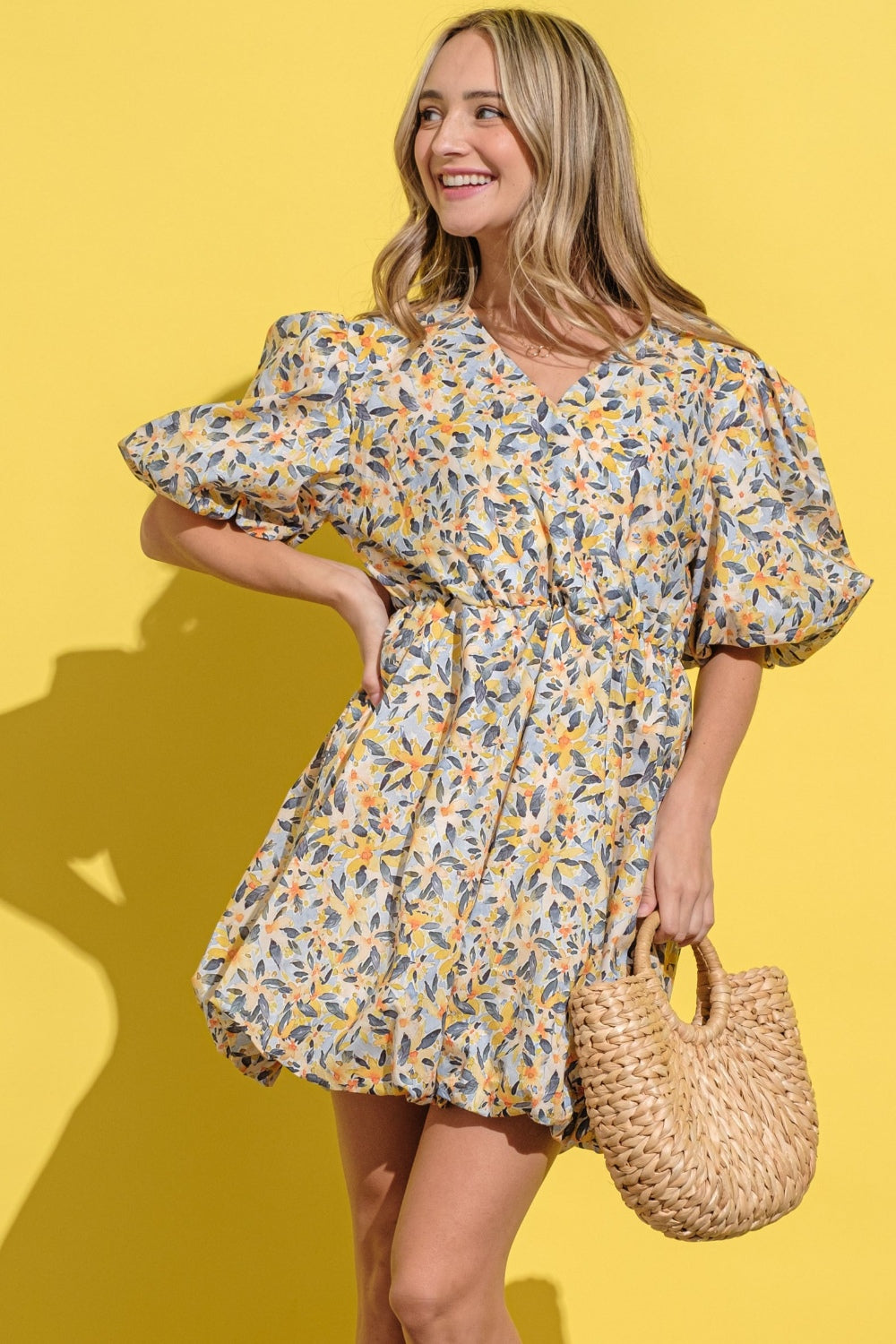 And The Why Full Size Floral Surplice Puff Sleeve Dress