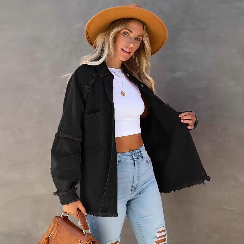 Casual Fringed Ripped Loose Denim Jacket