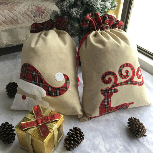 Christmas Gift Santa & Elk Ribbon Drawstring Bag Present Bag