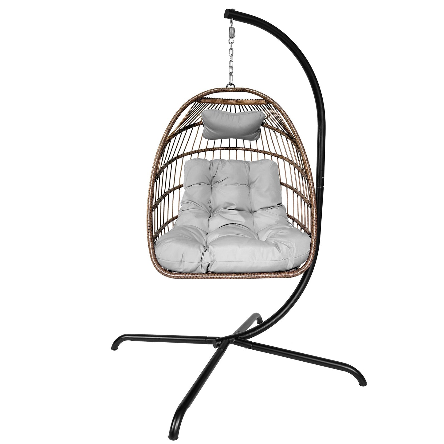 Swing Egg Chair With Stand Indoor Outdoor Wicker Rattan Patio Basket Hanging Chair With C Type Bracket , With Cushion And Pillow