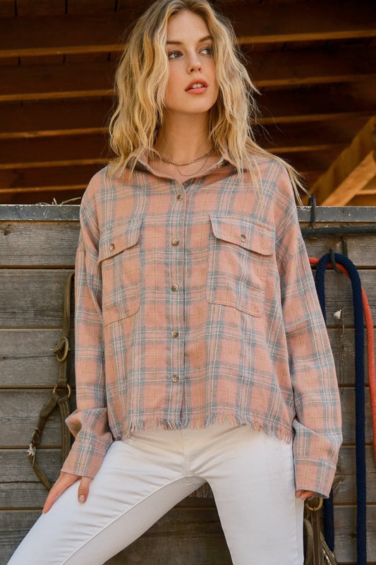 And The Why Full Size Plaid Button Up Raw Hem Shirt