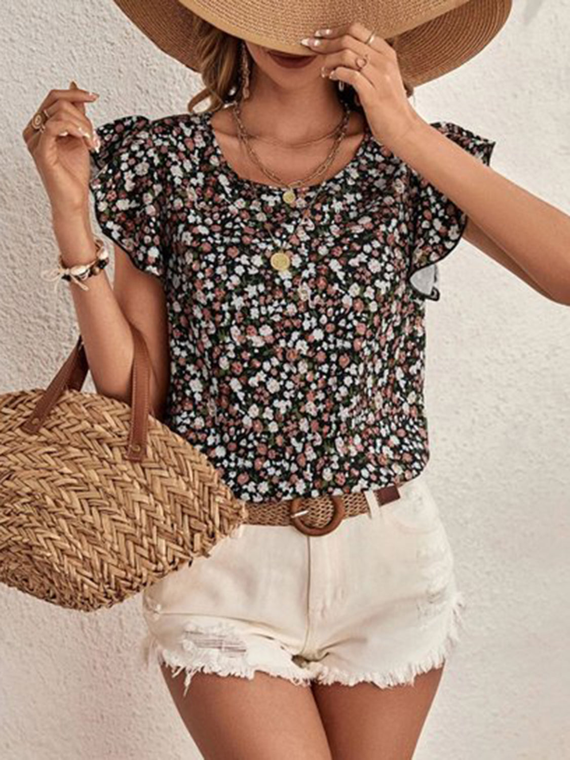 Ditsy Floral Round Neck Cap Sleeve Top