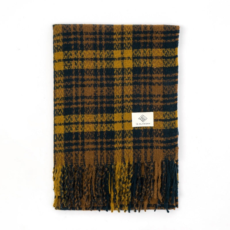 Plaid Knitted Scarf Winter Maillard Color Tassel Scarf