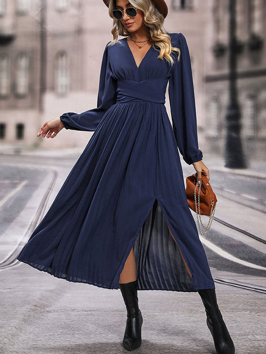 Navy V-Neck Long Sleeve Pleated Slit Dress