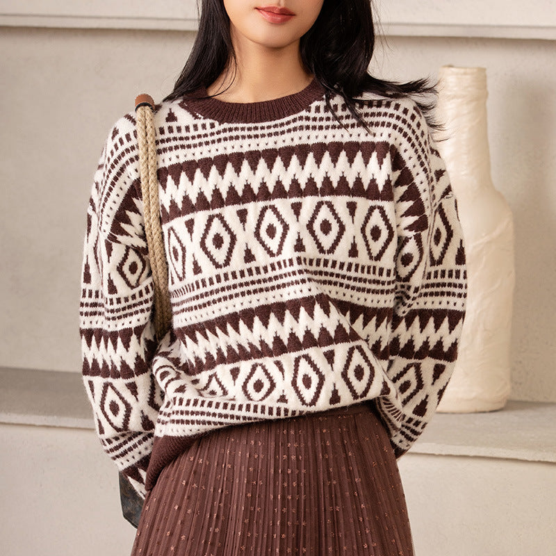 Women's Fashion Geometric Round Collar Loose Long Sleeve Sweater