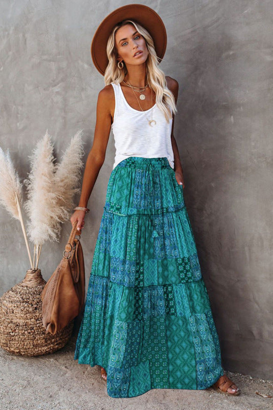 New Bohemian Style Skirt European and American Loose Casual High Waist Long Skirt