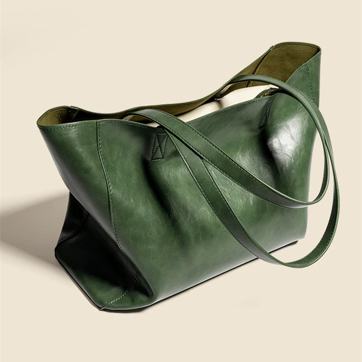 Dark Green Tote Oil Wax Soft Leather Women's Bag Retro Art