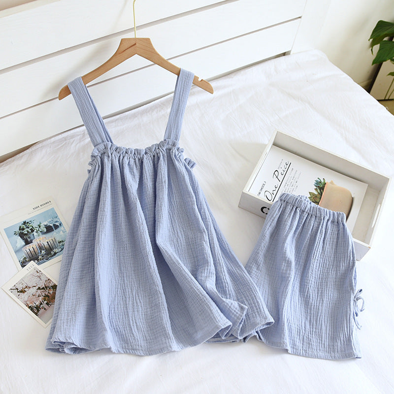 Cotton Crepe Suspender Shorts Vest Set