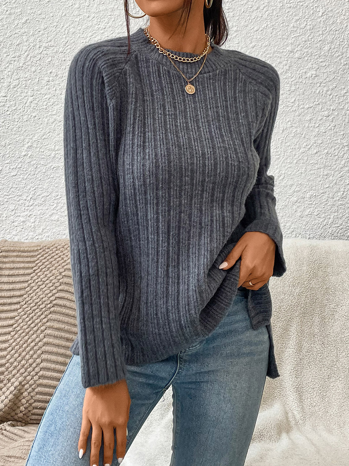 Charcoal Round Neck Ribbed Raglan Sleeve Sweater